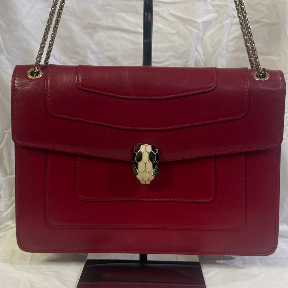 Large! Bulgari Serpenti Red Calf Leather Shoulder Bag with Gold Chain and COA